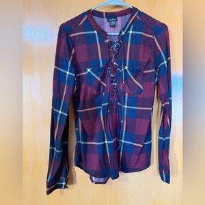 Rue21 Plaid Lace-Up Blouse - Purple and Blue